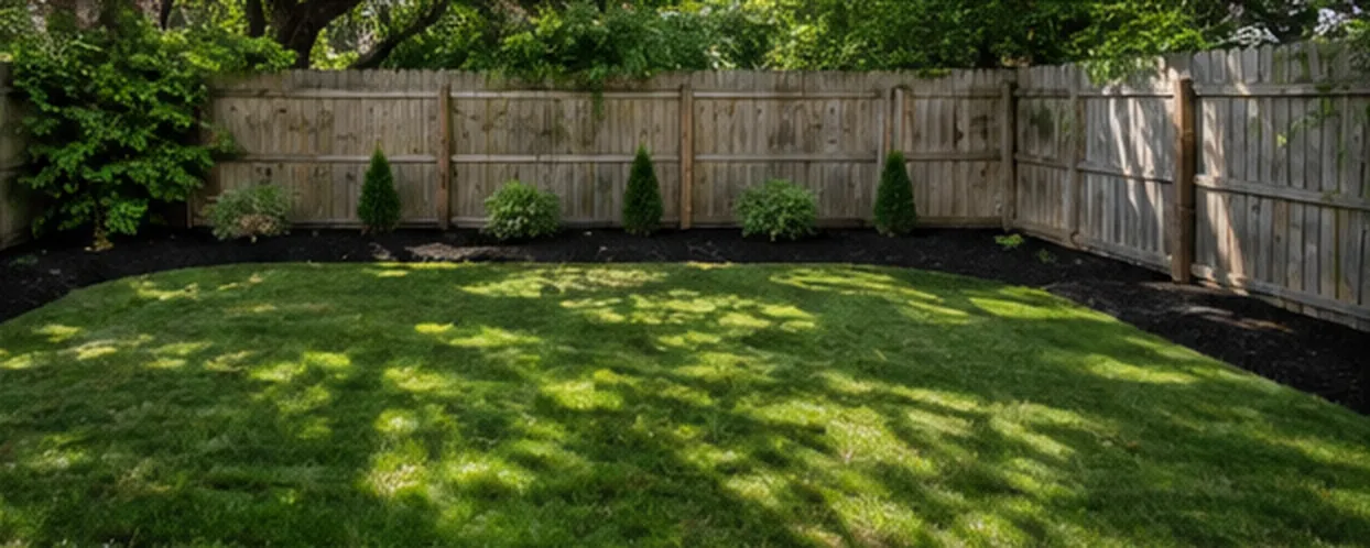 The same backyard cleared with fresh mulch beds and mowed lawn after cleanup