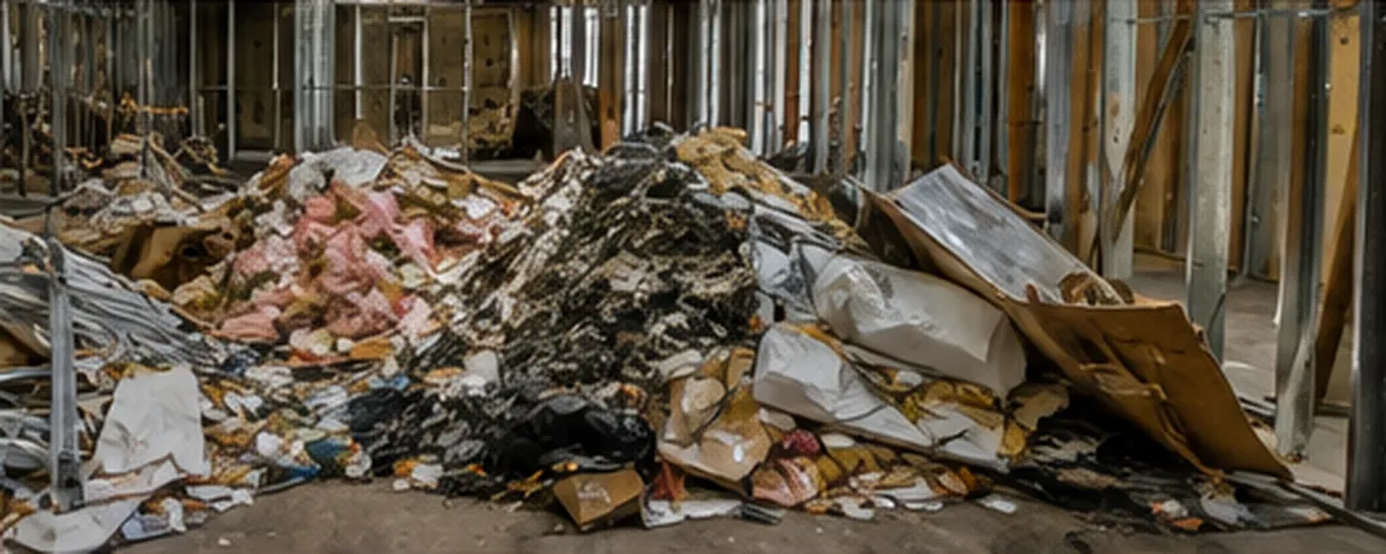 Pile of drywall, lumber and insulation debris inside a framed renovation space