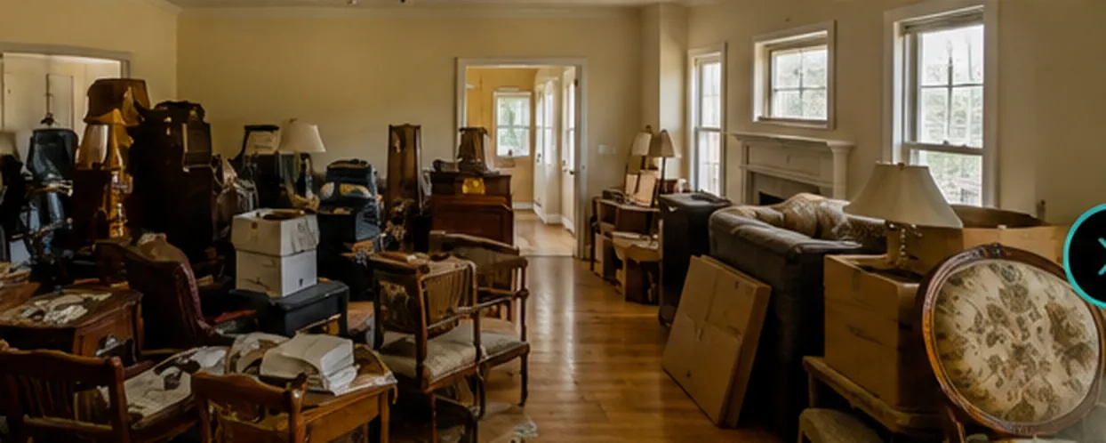 Living room filled with stacked antique furniture and belongings before an estate cleanout